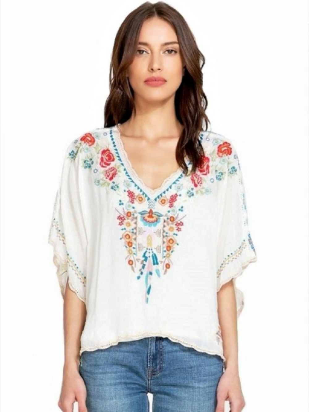 Johnny Was Klarah Sheer Floral Embroidered White Size M